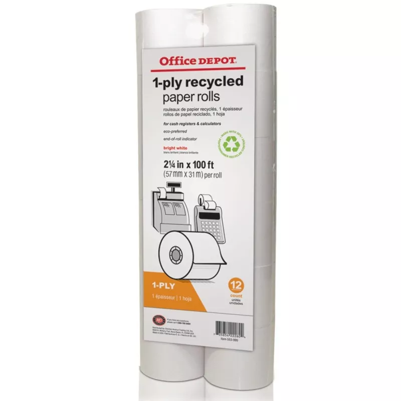 1-Ply Paper Rolls, 2-1/4" x 100', 70% Recycled, White, Pack Of 12