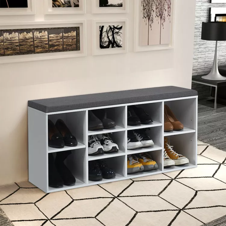10-Cube Organizer Shoe Storage Bench With Cushion For Entryway-White
