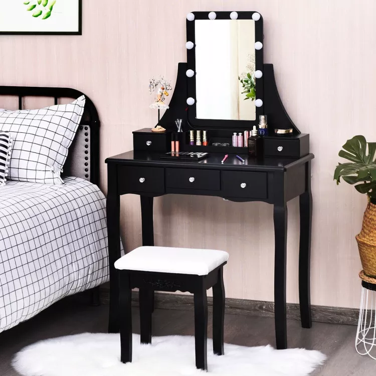 10 Dimmable Light Bulbs Vanity Dressing Table With 2 Dividers And Cushioned Stool-Black