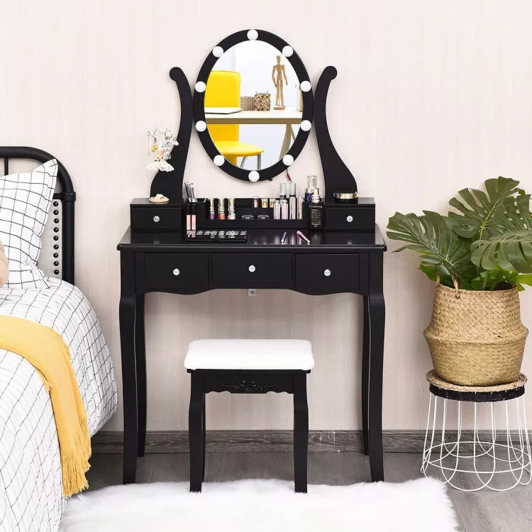 10 Dimmable Lights Vanity Table Set With Lighted Mirror And Cushioned Stool-Black
