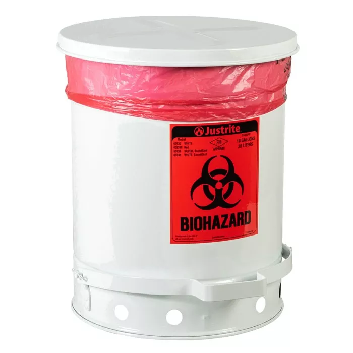10 Gallon Steel Biohazard Waste Can, Foot-Operated Self-Closing, White
