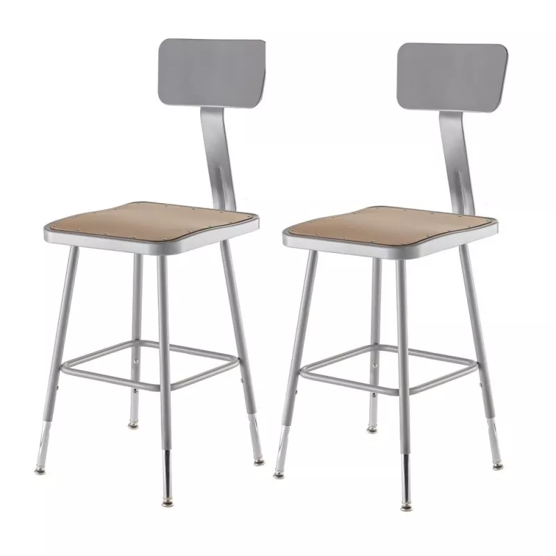 (2 Pack) National Public Seating 19"-27" Height Adjustable Heavy Duty Square Seat Steel Stool With Backrest, Grey