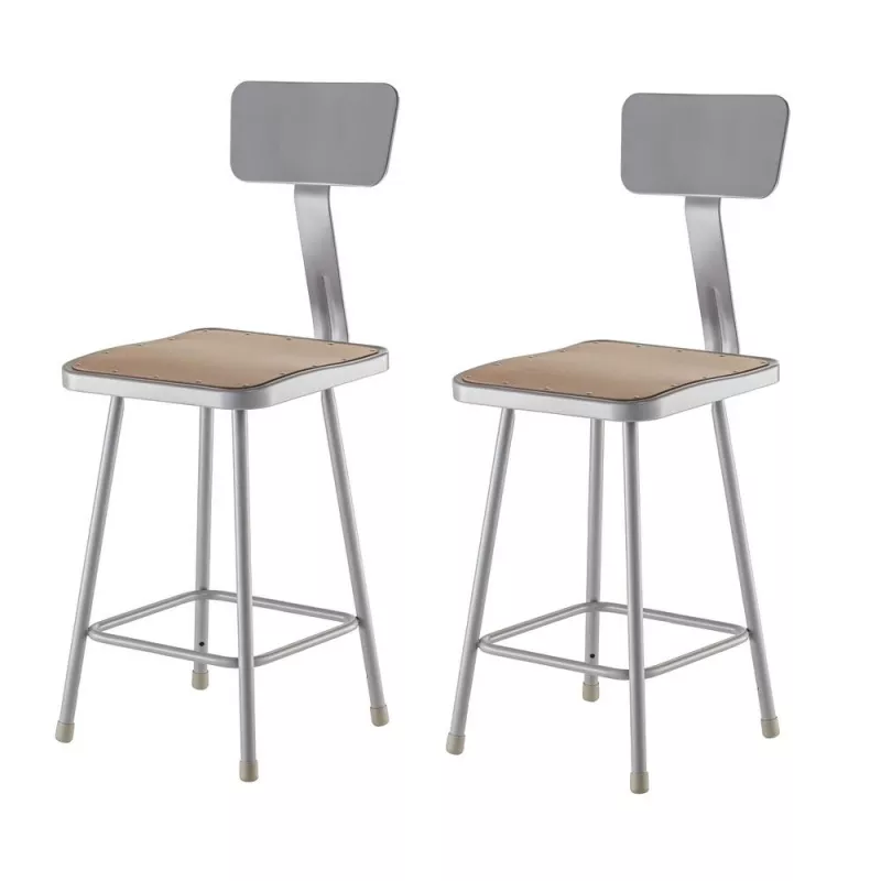 (2 Pack) NPS 24" Heavy Duty Square Seat Steel Stool With Backrest, Grey
