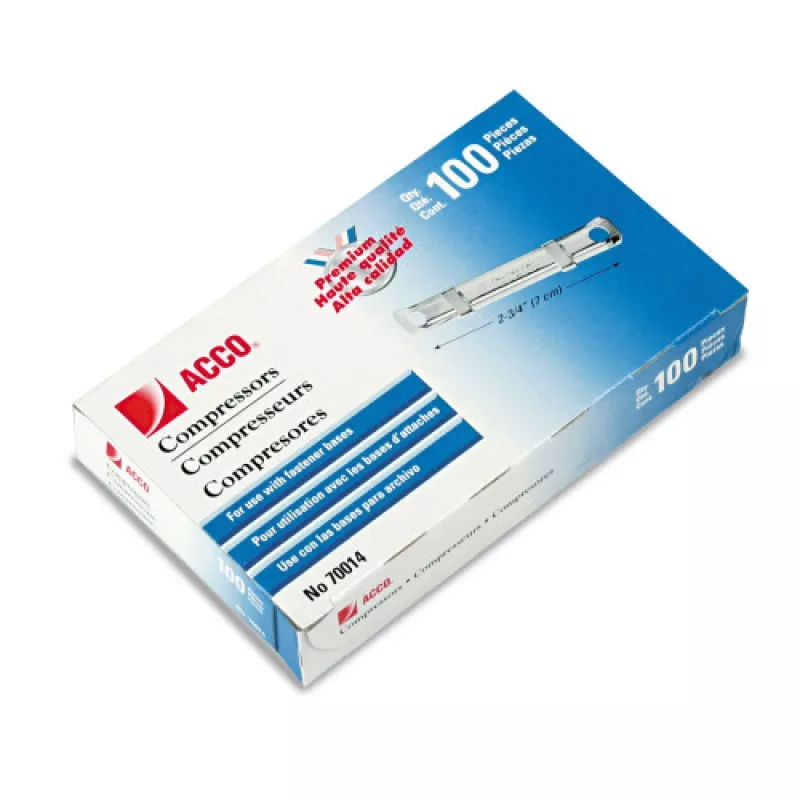acco-premium-two-prong-fastener-compressors-2-75-center-to-center-silver-100-box Acco Premium Two-Prong Fastener Compressors, 2.75" Center To Center, Silver, 100/Box (70014)