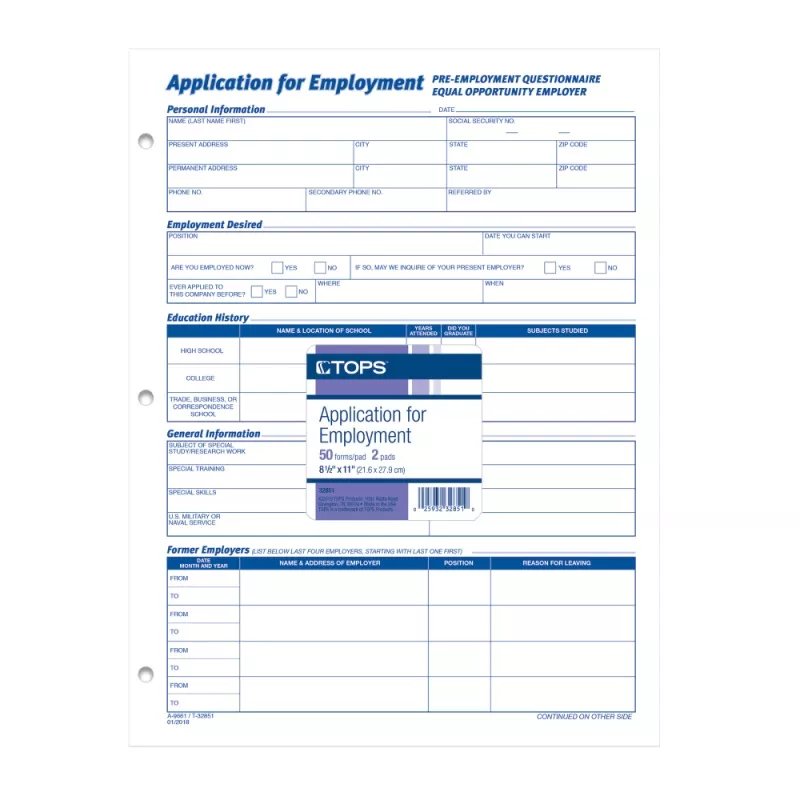 - Application For Employment Form - 50 Sheets - Letter A Size (8.5 In X 11 In)